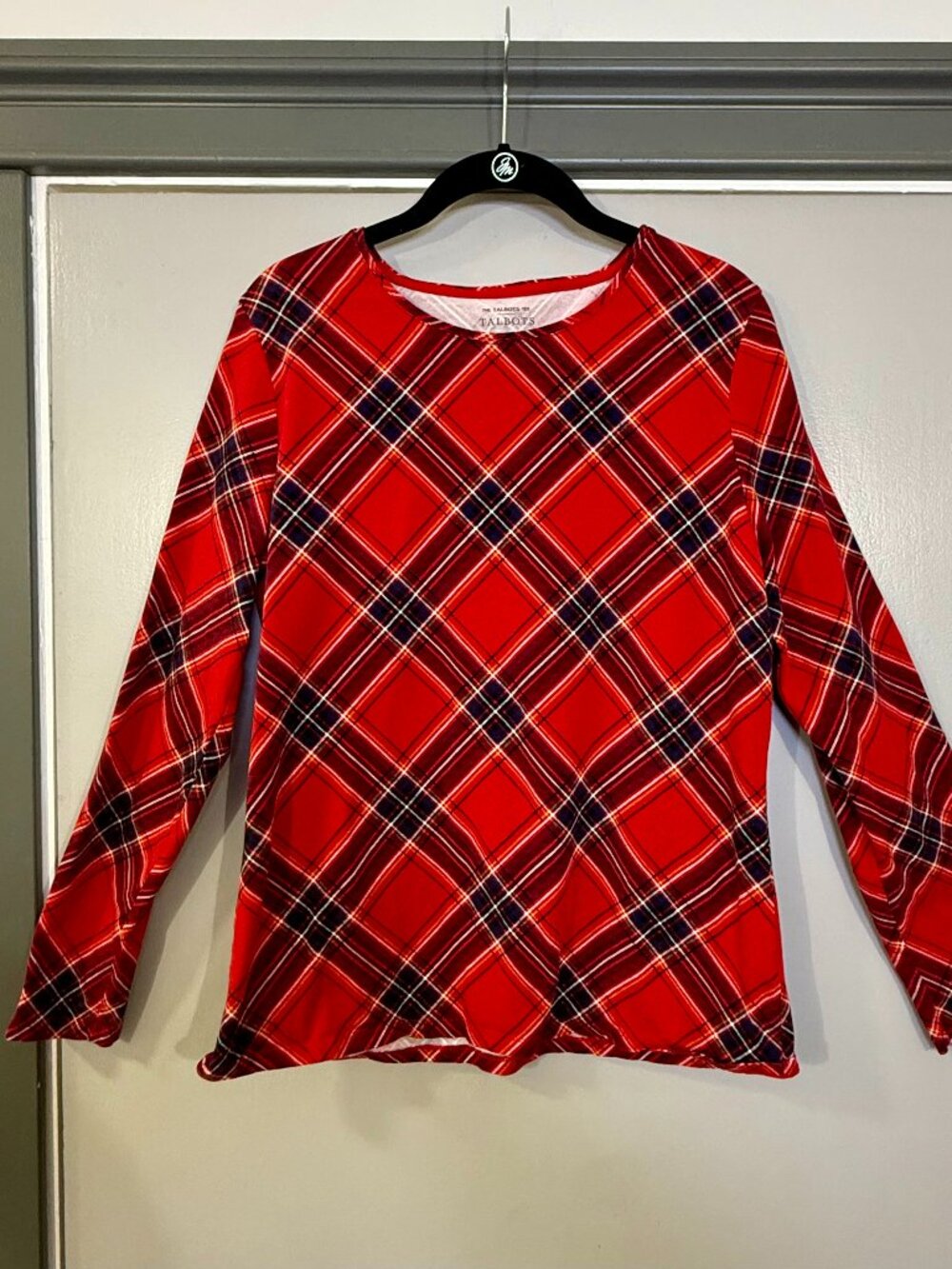 Talbots Red Tartan Plaid Long Sleeve Tee Women’s Large Cotton Stretch